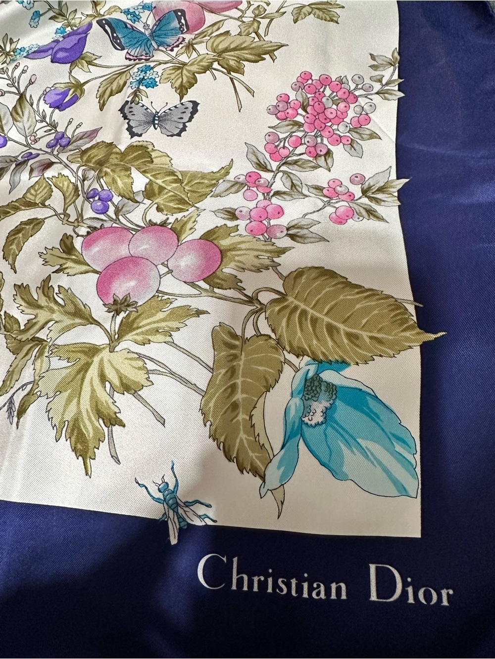 Dior Floral Silk Scarf in White with Pink, Purple, Blue and Green Accents - Picture 5 of 5